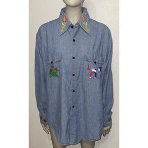 VTG Galaxie Chambray Blue Denim Button Up Shirt Embroidered Aquarius Zodiac XL